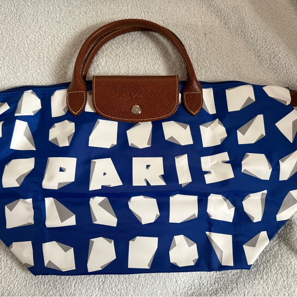 Longchamp Le Pliage Blue and White Paris Tote - Vahram Muratyan Limited Edition